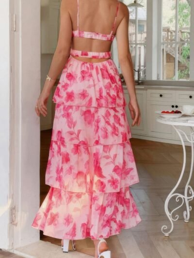 Straps Floral Print V Neck Patchwork Full Dress Straps Floral Print V Neck Patchwork Full Dress