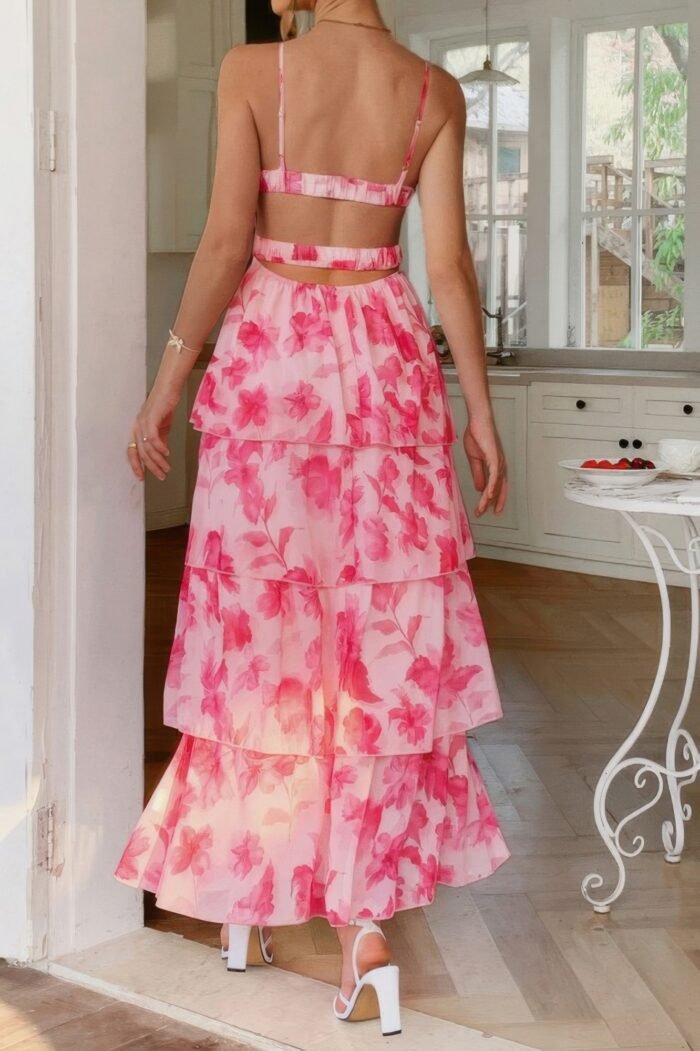 Straps floral print v neck patchwork full dress - image 3