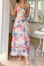Straps Floral Print V Neck Patchwork Full Dress
