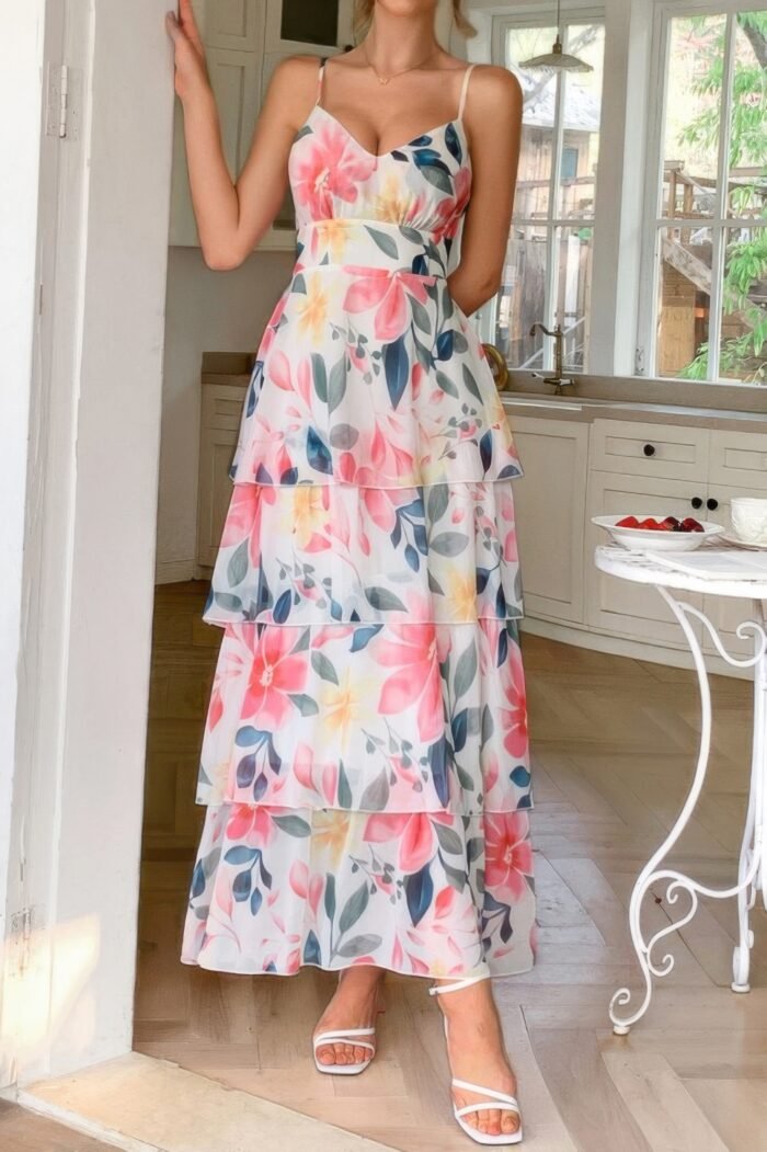 Straps floral print v neck patchwork full dress - image 4