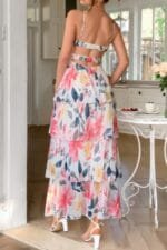 Straps Floral Print V Neck Patchwork Full Dress