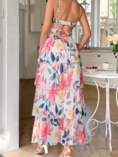 Straps Floral Print V Neck Patchwork Full Dress Straps Floral Print V Neck Patchwork Full Dress