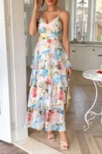 Straps Floral Print V Neck Patchwork Full Dress