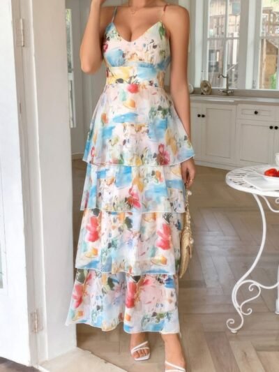 Straps Floral Print V Neck Patchwork Full Dress Straps Floral Print V Neck Patchwork Full Dress