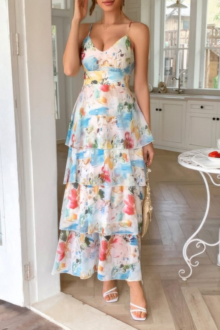 Straps floral print v neck patchwork full dress - image 7