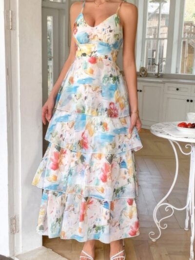 Straps Floral Print V Neck Patchwork Full Dress Straps Floral Print V Neck Patchwork Full Dress