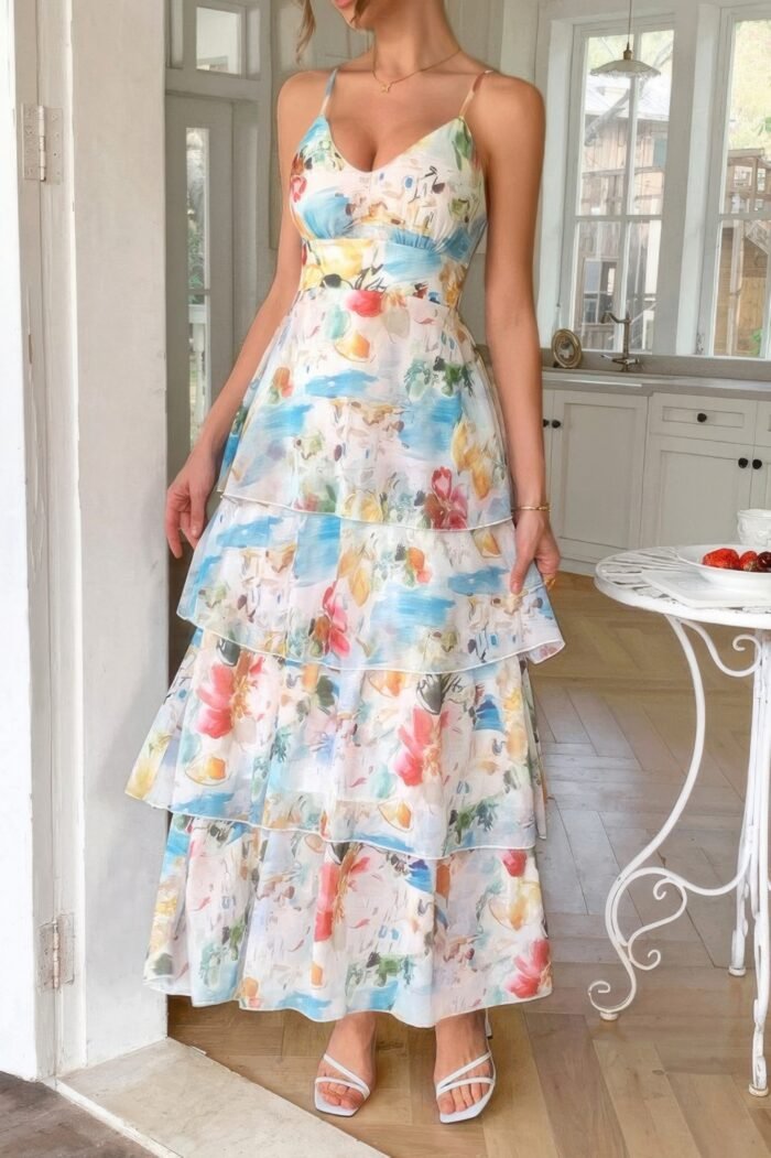 Straps floral print v neck patchwork full dress - image 8