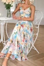 Straps Floral Print V Neck Patchwork Full Dress