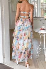 Straps Floral Print V Neck Patchwork Full Dress
