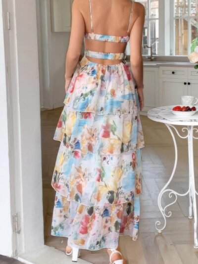 Straps Floral Print V Neck Patchwork Full Dress Straps Floral Print V Neck Patchwork Full Dress