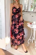 Straps Floral Print V Neck Patchwork Full Dress