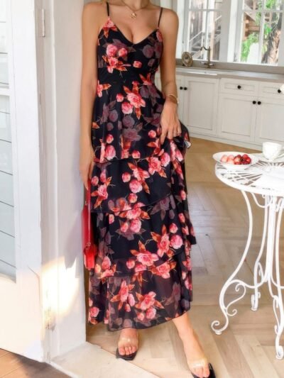 Straps Floral Print V Neck Patchwork Full Dress Straps Floral Print V Neck Patchwork Full Dress