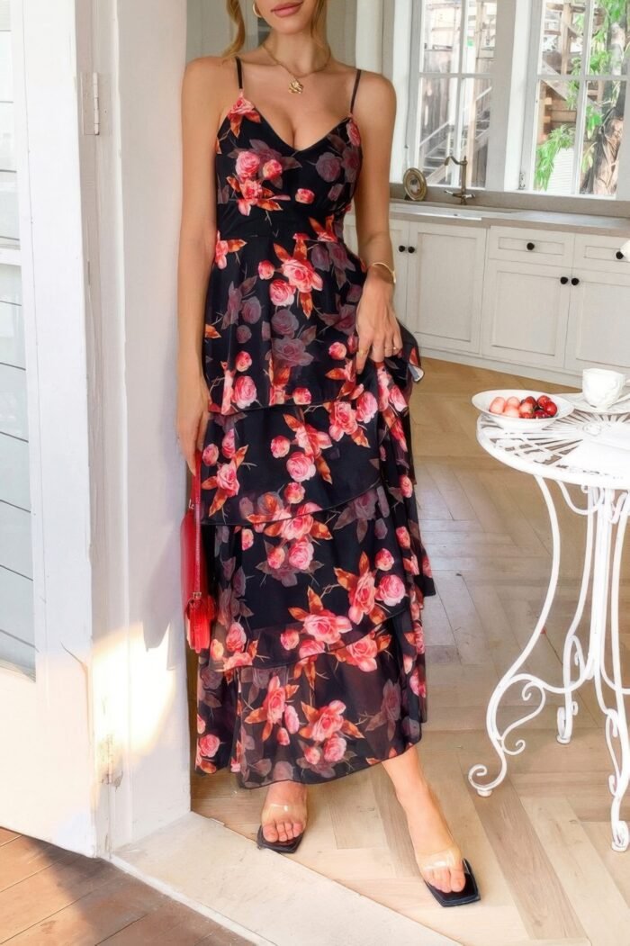 Straps floral print v neck patchwork full dress - image 11