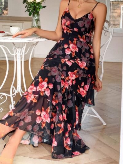 Straps Floral Print V Neck Patchwork Full Dress Straps Floral Print V Neck Patchwork Full Dress