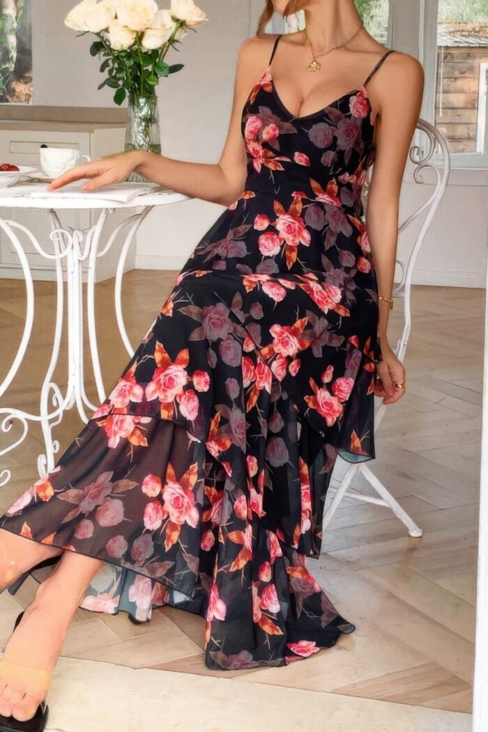 Straps floral print v neck patchwork full dress - image 12