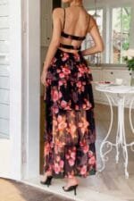 Straps Floral Print V Neck Patchwork Full Dress