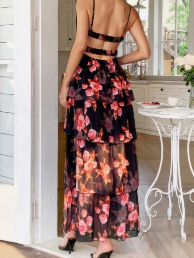 Straps Floral Print V Neck Patchwork Full Dress Straps Floral Print V Neck Patchwork Full Dress