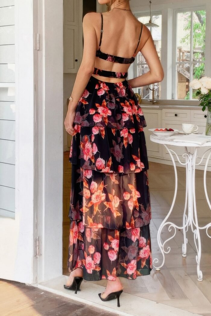 Straps floral print v neck patchwork full dress - image 13