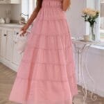 Solid Halter Ruched Textured Tiered Full Dress