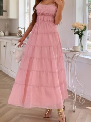 Solid Halter Ruched Textured Tiered Full Dress