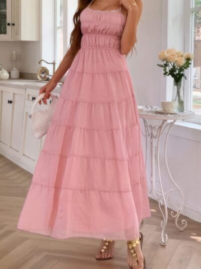 Solid Halter Ruched Textured Tiered Full Dress