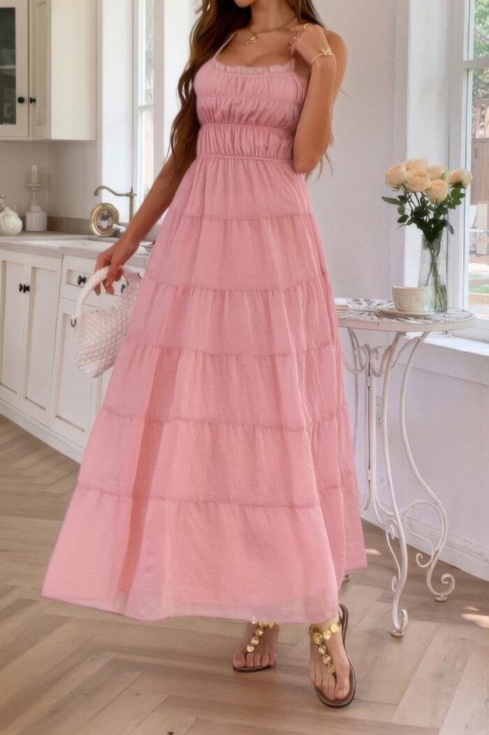 Solid halter ruched textured tiered full dress - image 1