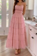 Solid Halter Ruched Textured Tiered Full Dress