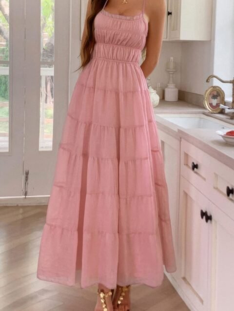Solid Halter Ruched Textured Tiered Full Dress
