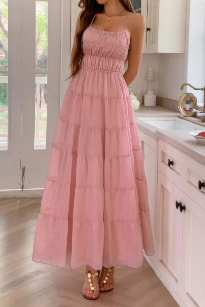 Solid halter ruched textured tiered full dress - image 2