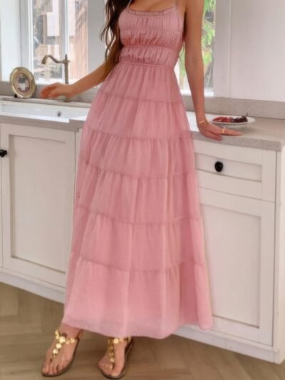Solid Halter Ruched Textured Tiered Full Dress Solid Halter Ruched Textured Tiered Full Dress