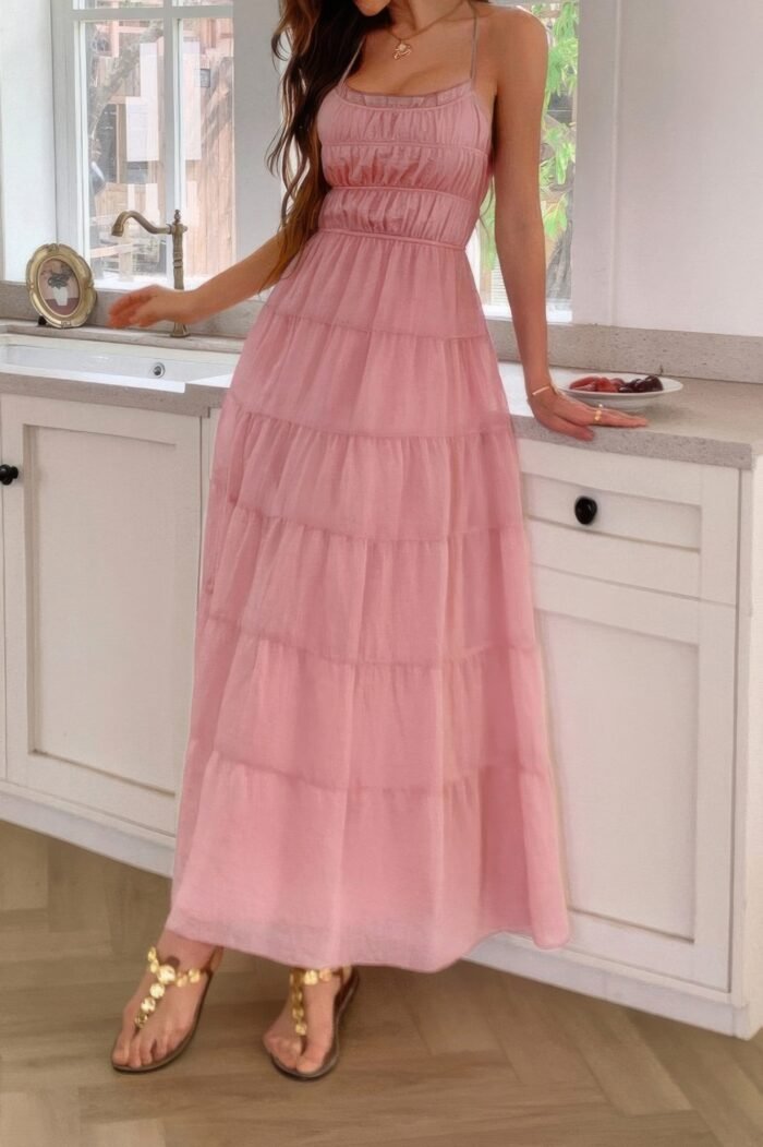 Solid halter ruched textured tiered full dress - image 3
