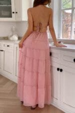 Solid Halter Ruched Textured Tiered Full Dress