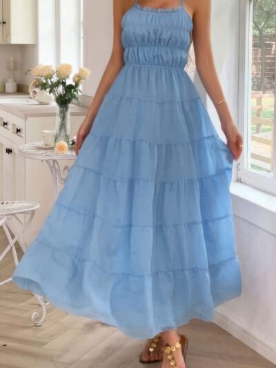 Solid Halter Ruched Textured Tiered Full Dress Solid Halter Ruched Textured Tiered Full Dress