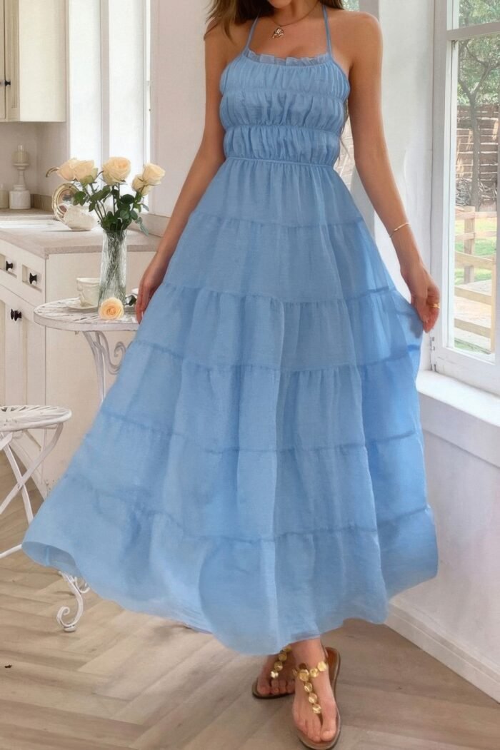 Solid halter ruched textured tiered full dress - image 5