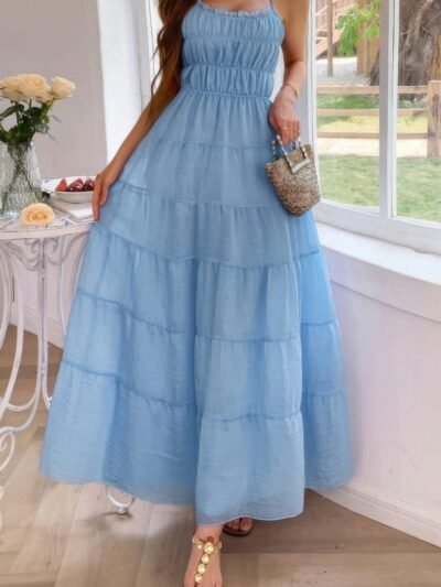 Solid Halter Ruched Textured Tiered Full Dress Solid Halter Ruched Textured Tiered Full Dress
