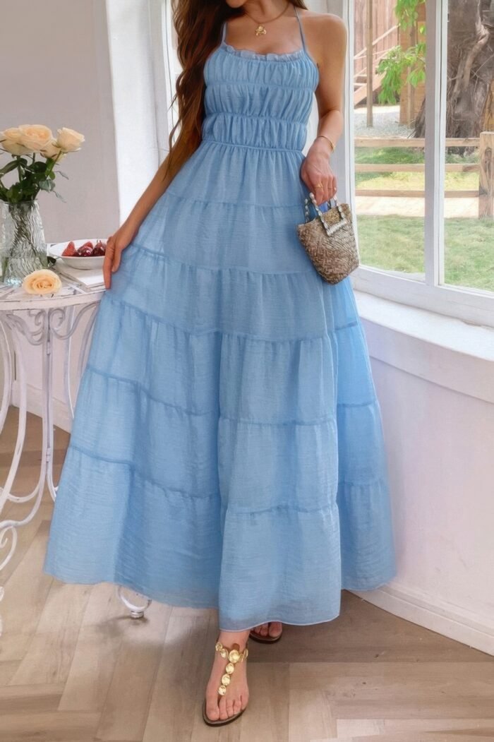 Solid halter ruched textured tiered full dress - image 6