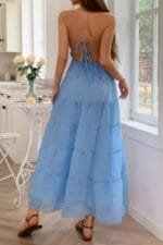 Solid Halter Ruched Textured Tiered Full Dress