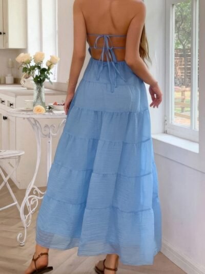 Solid Halter Ruched Textured Tiered Full Dress Solid Halter Ruched Textured Tiered Full Dress