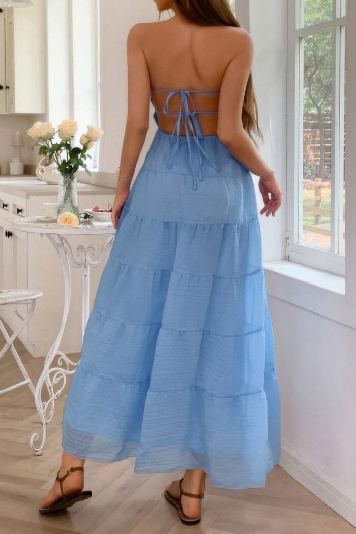 Solid halter ruched textured tiered full dress - image 7
