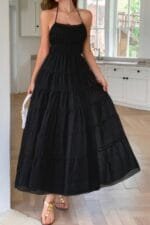 Solid Halter Ruched Textured Tiered Full Dress