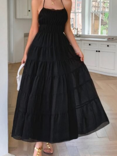 Solid Halter Ruched Textured Tiered Full Dress Solid Halter Ruched Textured Tiered Full Dress