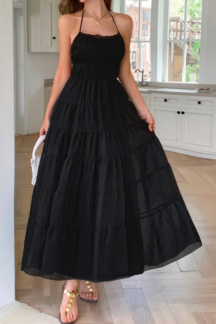 Solid halter ruched textured tiered full dress - image 8
