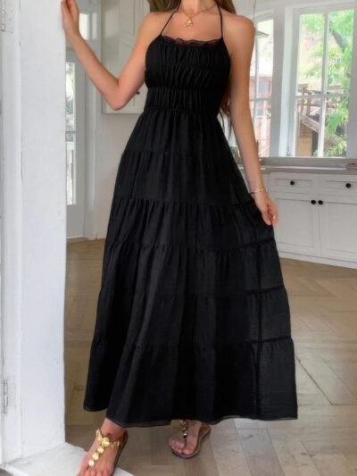 Solid Halter Ruched Textured Tiered Full Dress Solid Halter Ruched Textured Tiered Full Dress