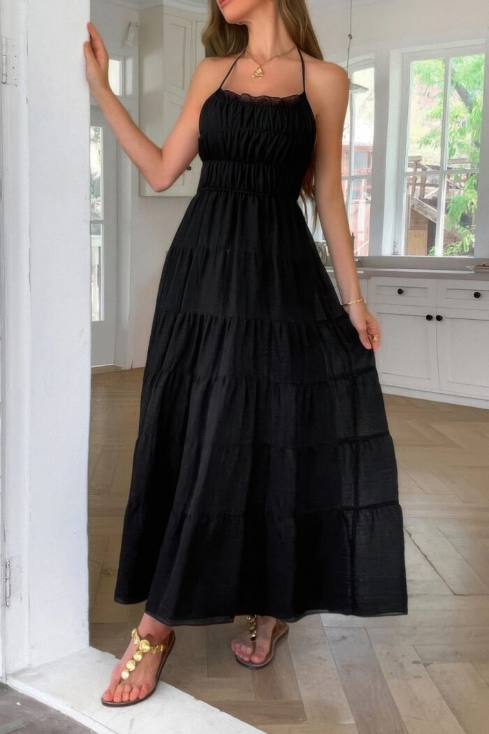 Solid halter ruched textured tiered full dress - image 9