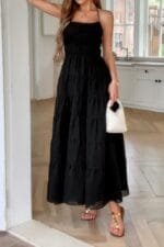 Solid Halter Ruched Textured Tiered Full Dress