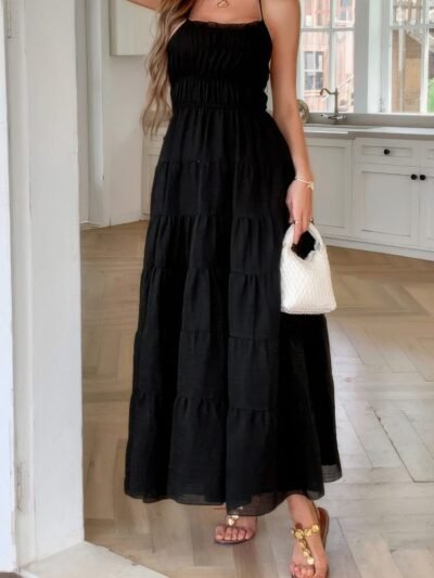 Solid Halter Ruched Textured Tiered Full Dress Solid Halter Ruched Textured Tiered Full Dress