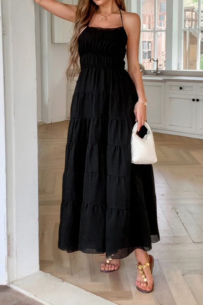 Solid halter ruched textured tiered full dress - image 10
