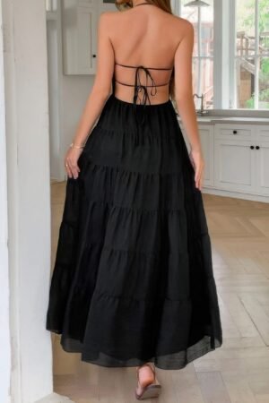 Solid Halter Ruched Textured Tiered Full Dress Solid Halter Ruched Textured Tiered Full Dress
