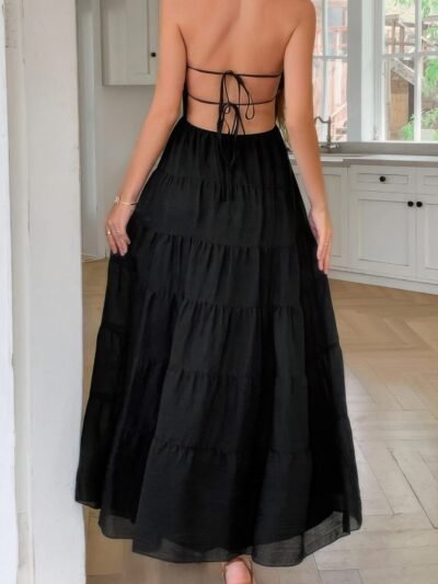 Solid Halter Ruched Textured Tiered Full Dress Solid Halter Ruched Textured Tiered Full Dress