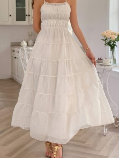 Solid Halter Ruched Textured Tiered Full Dress Solid Halter Ruched Textured Tiered Full Dress
